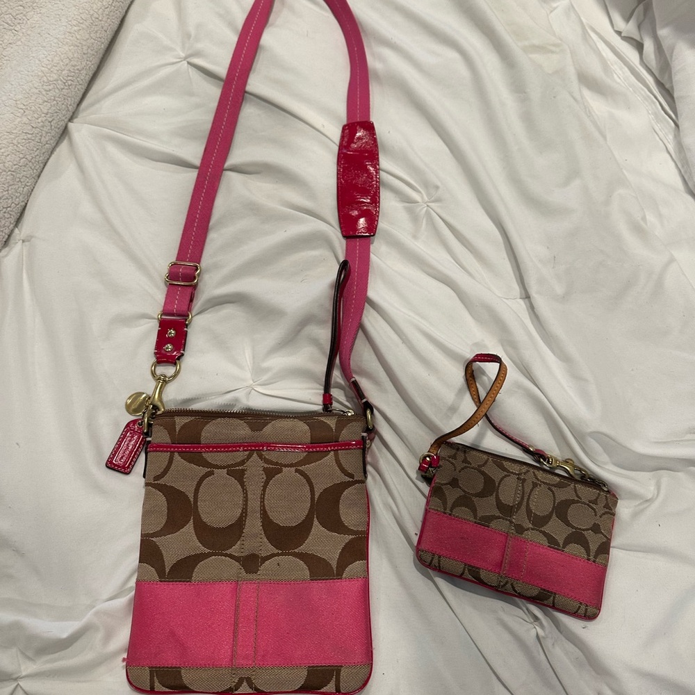 Vintage Coach signature Canvas and leather crossbody bag with wrist wallet